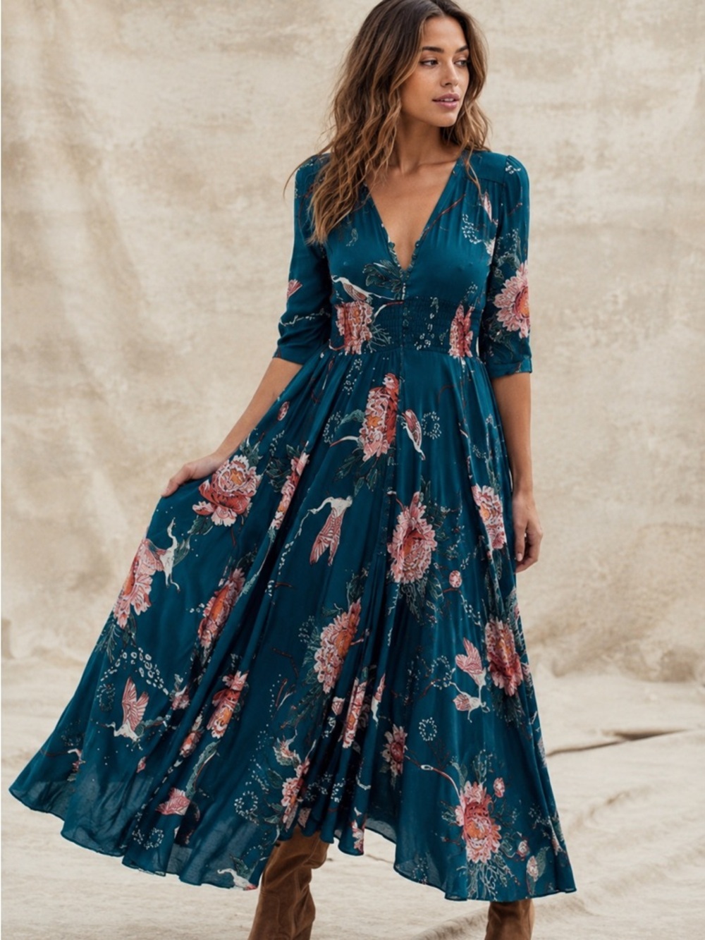 Jaase Maxi Dress XS Teal Floral Boho Autumn Wedding Guest Smocked V-Neck